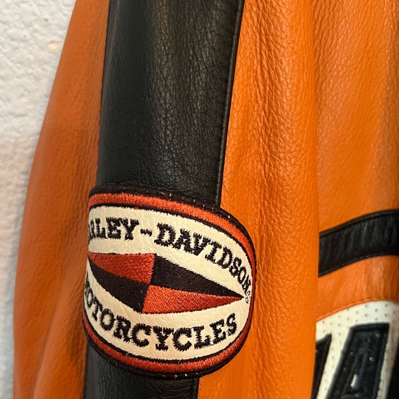 Authentic Men's Harley Davidson Leather Riding Jacket size Large Black Orange - Picture 5 of 9